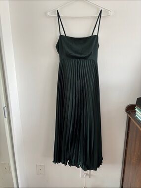 Abercrombie & Fitch Dark Green Satin Pleated Midi Dress